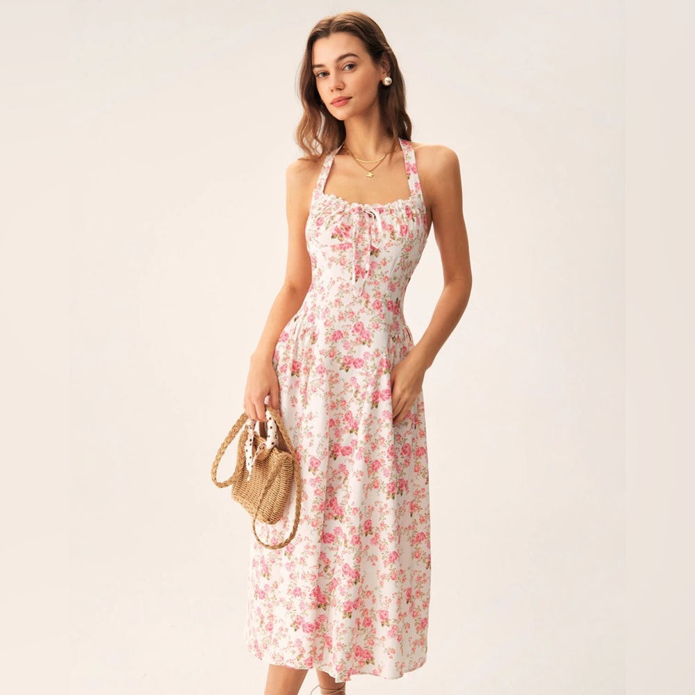 Rihoas Pink Floral Halter Midi Dress